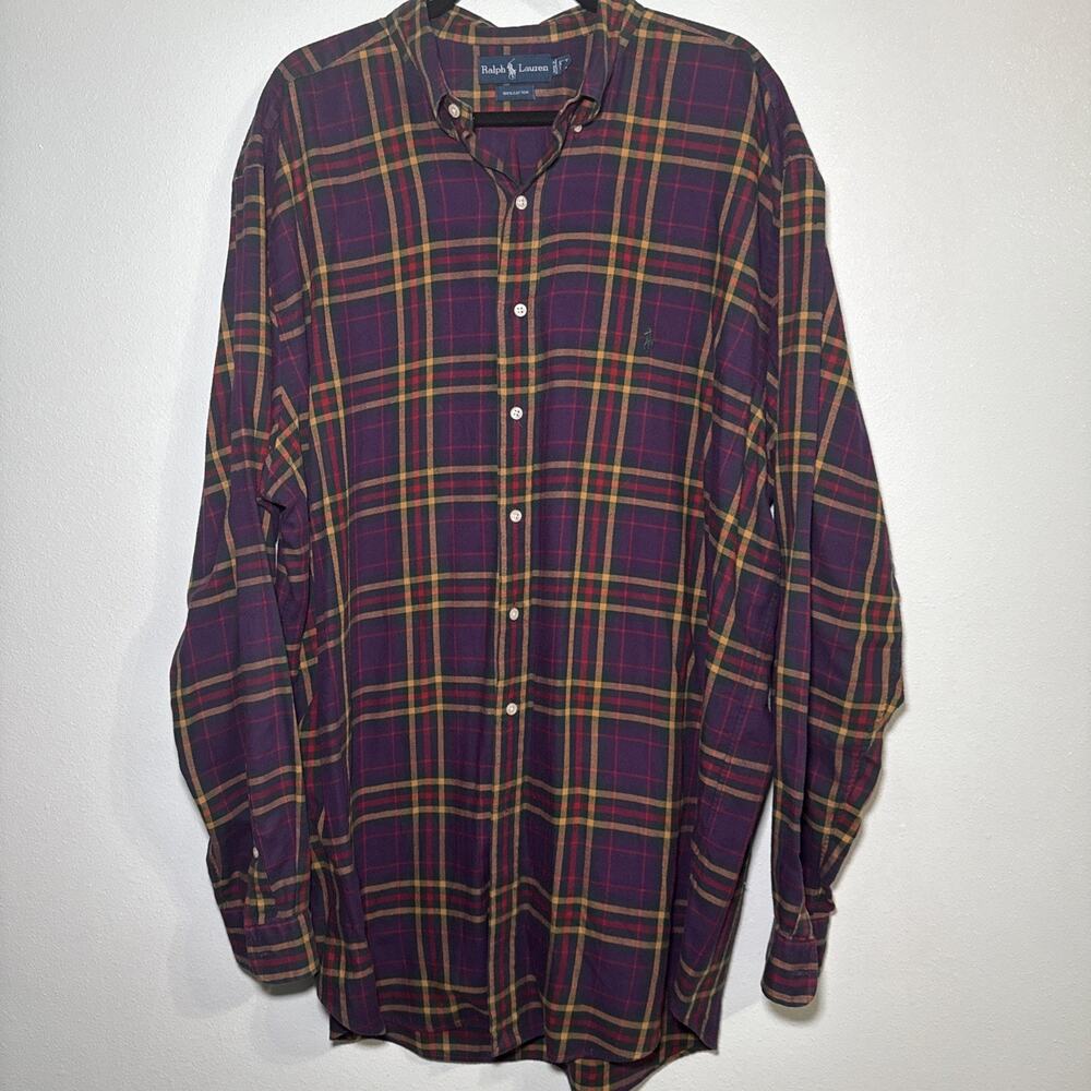 POLO RALPH LAUREN Men’s Shirt XLT Tall Flannel Plaid Red Cotton‎ Button Down